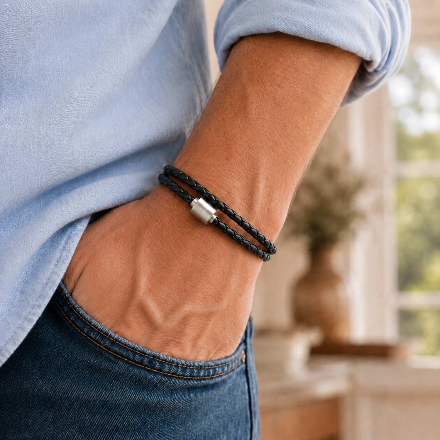 Zwart Gevlochten Leer Armband in edelstaal