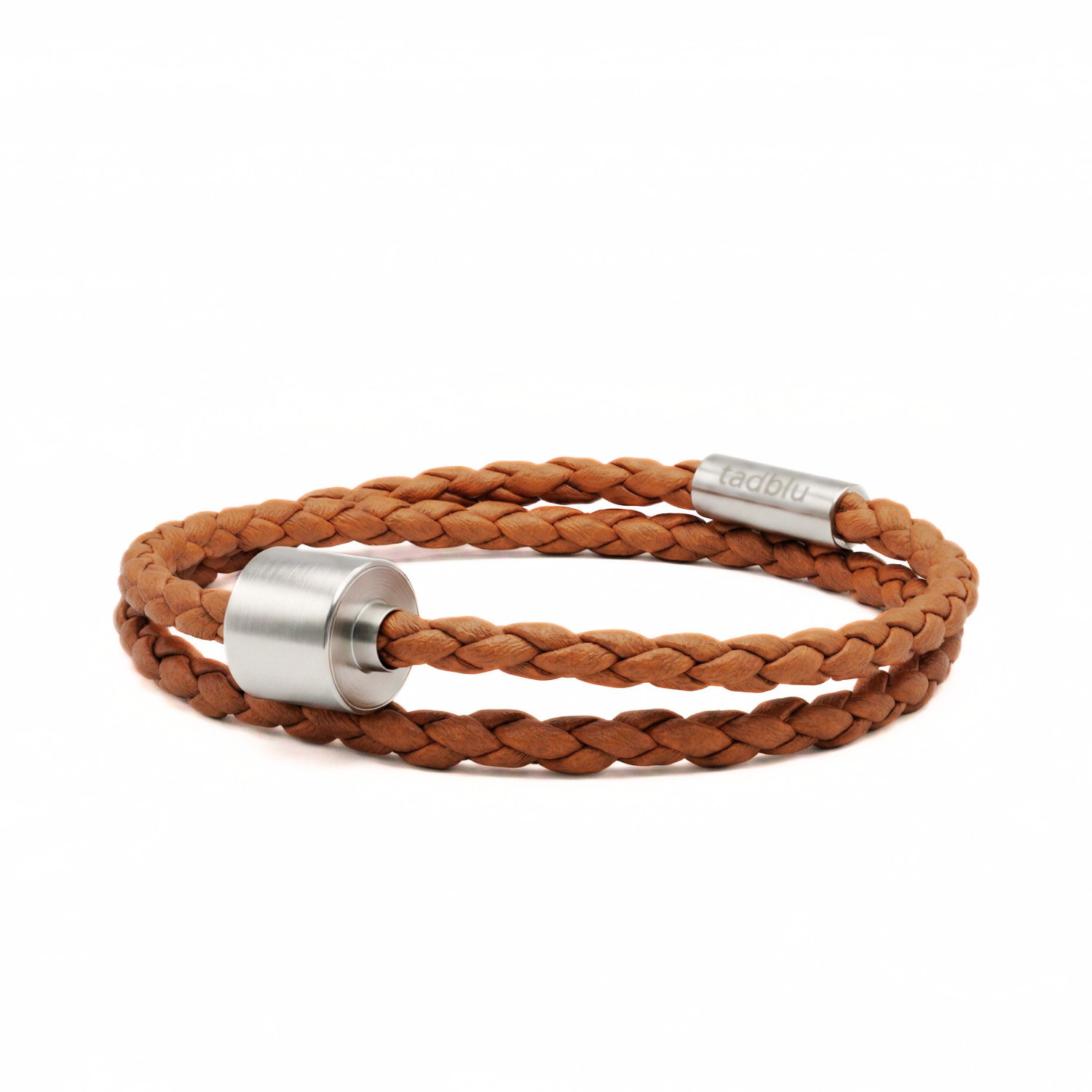 Cognac Gevlochten Leer Armband in edelstaal
