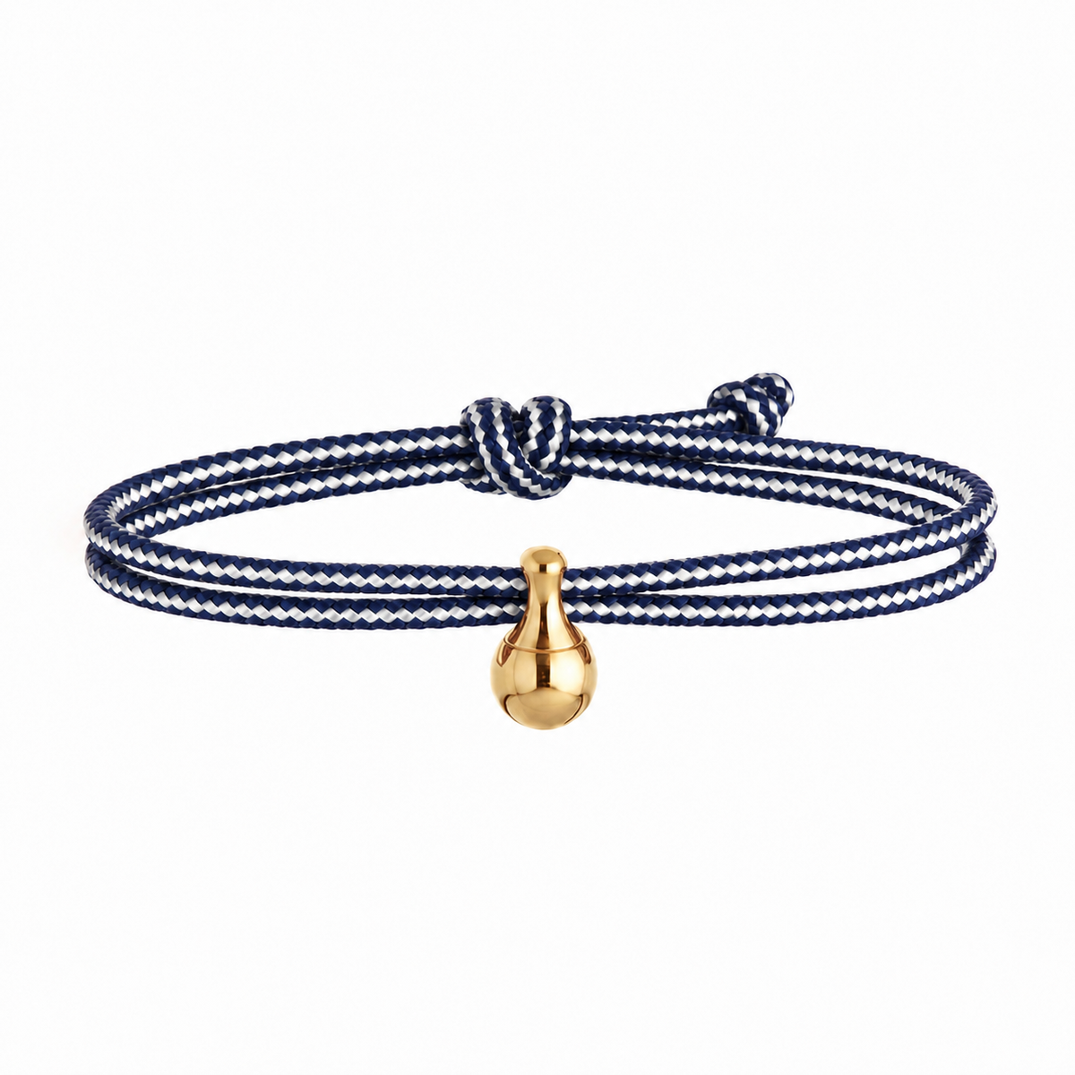 Tadblu EVER GENTLE damesarmband met nachtblauw-wit gestreept koord, vergulde traanvormige ashouder en verstelbare knoopsluiting.