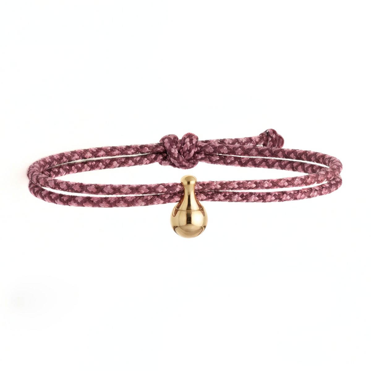 Tadblu EVER KIND damesarmband met mauve-bruin-roze patroon koord, vergulde traanvormige ashouder en verstelbare knoopsluiting.