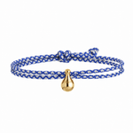 Tadblu EVER TENDER damesarmband met blauw-wit patroon koord, vergulde traanvormige ashouder en verstelbare knoopsluiting.